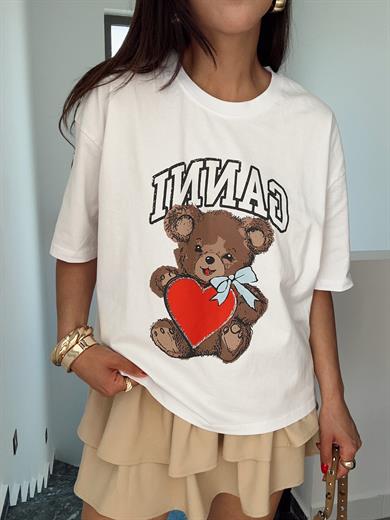 Beyaz Ayıcık Baskılı Tişört