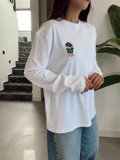 Beyaz Ayıcık Nakışlı Tişört
