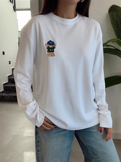 Beyaz Ayıcık Nakışlı Tişört