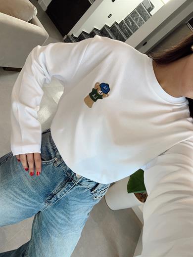 Beyaz Ayıcık Nakışlı Tişört