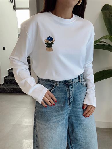 Beyaz Ayıcık Nakışlı Tişört