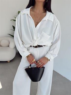 Beyaz Ayrobin Cepli Oversize Gömlek