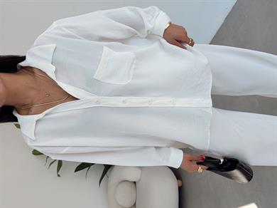 Beyaz Ayrobin Cepli Oversize Gömlek