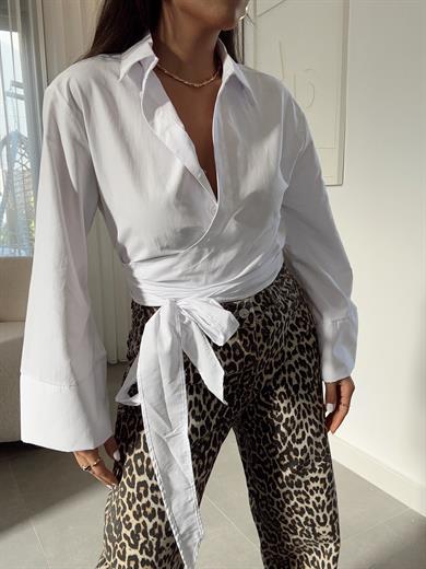 Beyaz Bağlamalı Crop Gömlek