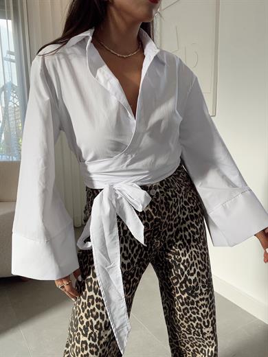 Beyaz Bağlamalı Crop Gömlek