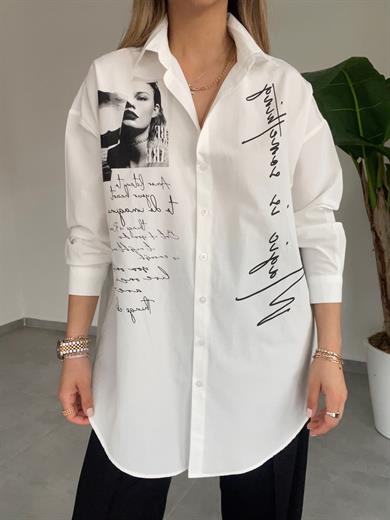 Beyaz Baskılı Gömlek