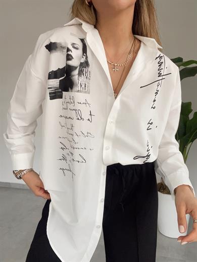 Beyaz Baskılı Gömlek