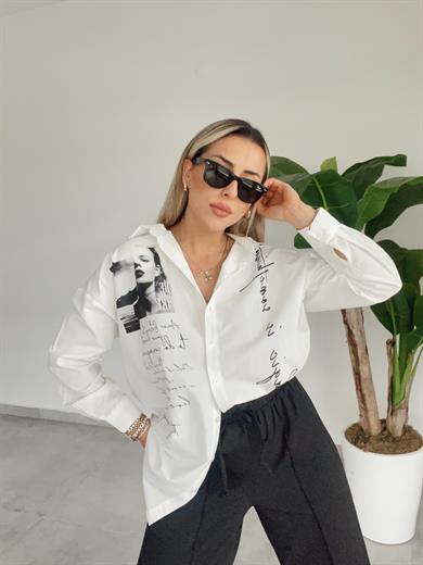 Beyaz Baskılı Gömlek