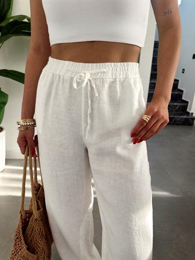 Beyaz Beli Lastikli Bol Paça Keten Pantolon