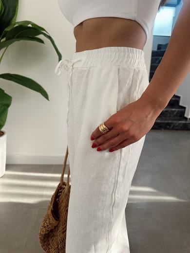 Beyaz Beli Lastikli Bol Paça Keten Pantolon