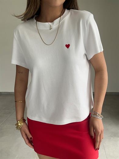 Beyaz Bisiklet Yaka Kalp Baskılı Tshirt