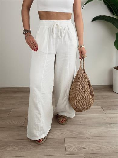 Beyaz Bol Paça Keten Pantolon