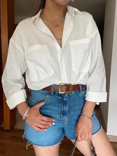 Beyaz Cep Detaylı Keten Gömlek
