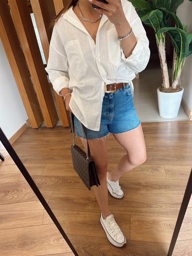 Beyaz Cep Detaylı Keten Gömlek