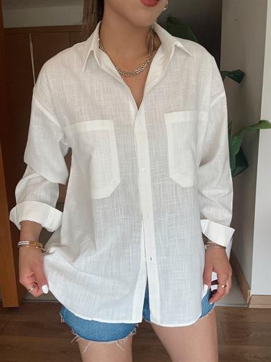 Beyaz Cep Detaylı Keten Gömlek