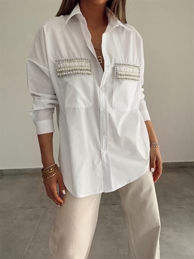 Beyaz Cepleri Taş Ve İnci İşlemeli Gömlek