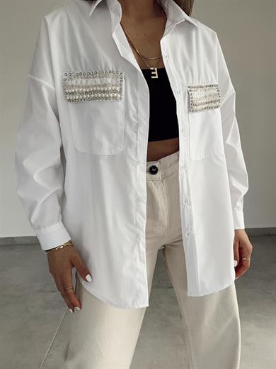 Beyaz Cepleri Taş Ve İnci İşlemeli Gömlek