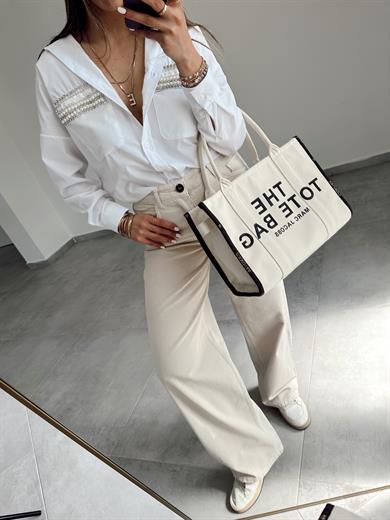 Beyaz Cepleri Taş Ve İnci İşlemeli Gömlek