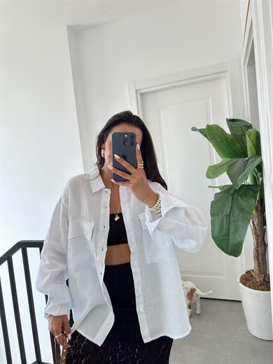 Beyaz Çift Cepli Keten Gömlek