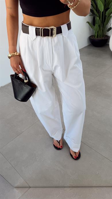 Beyaz Çift Pile Gabardin Pantolon