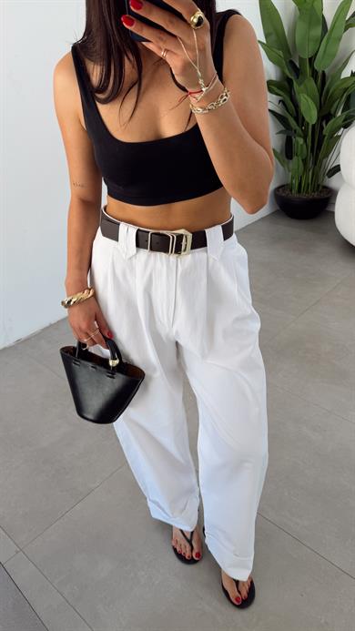 Beyaz Çift Pile Gabardin Pantolon