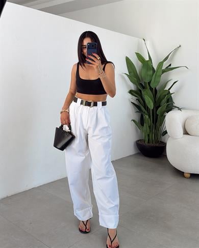 Beyaz Çift Pile Gabardin Pantolon