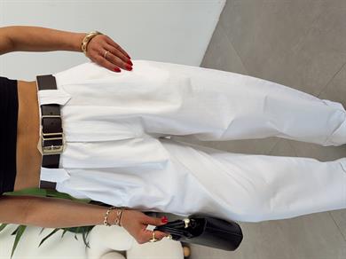 Beyaz Çift Pile Gabardin Pantolon