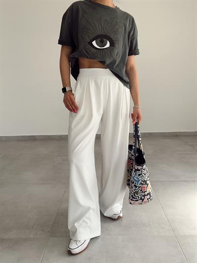 Beyaz Çift Pileli Palazzo