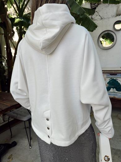 Beyaz Çıtçıt Detaylı Kapşonlu Sweatshirt