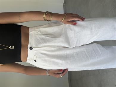 Beyaz Düğme Detaylı Keten Pantolon