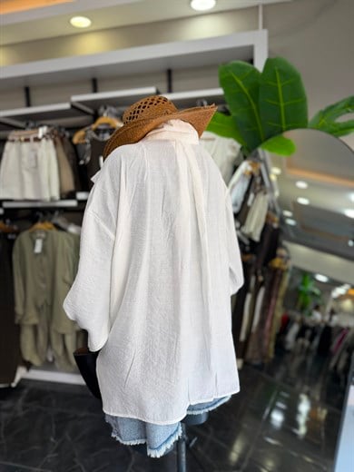 Beyaz Düşük Omuz Oversize Gömlek