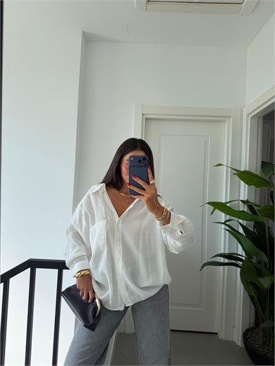 Beyaz Düşük Omuz Oversize Gömlek