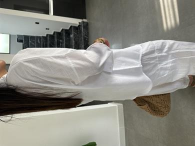 Beyaz Flamlı Keten Çift Cep Oversize Gömlek