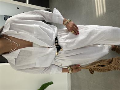 Beyaz Flamlı Keten Çift Cep Oversize Gömlek