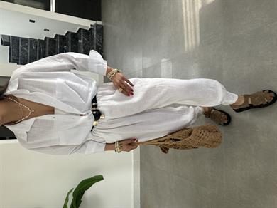 Beyaz Flamlı Keten Çift Cep Oversize Gömlek