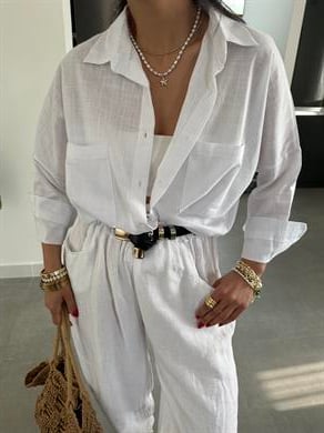 Beyaz Flamlı Keten Çift Cep Oversize Gömlek