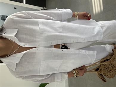 Beyaz Flamlı Keten Çift Cep Oversize Gömlek