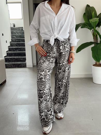 Beyaz Flamlı Keten Tek Cep Oversize Gömlek