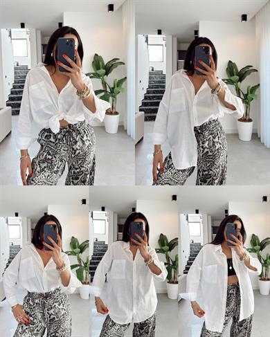 Beyaz Flamlı Keten Tek Cep Oversize Gömlek