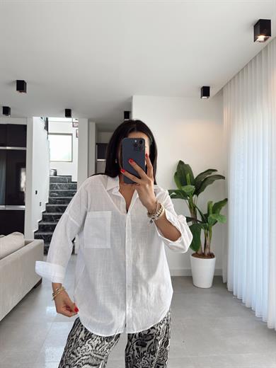 Beyaz Flamlı Keten Tek Cep Oversize Gömlek