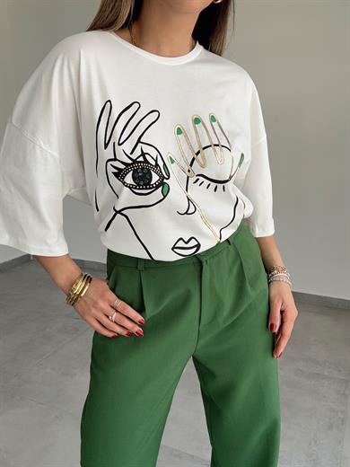 Beyaz Gold Baskılı Tişört