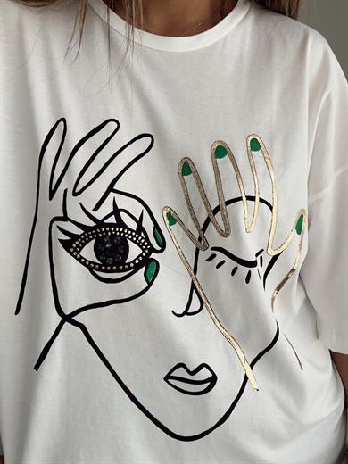 Beyaz Gold Baskılı Tişört