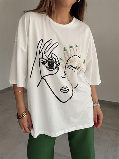 Beyaz Gold Baskılı Tişört