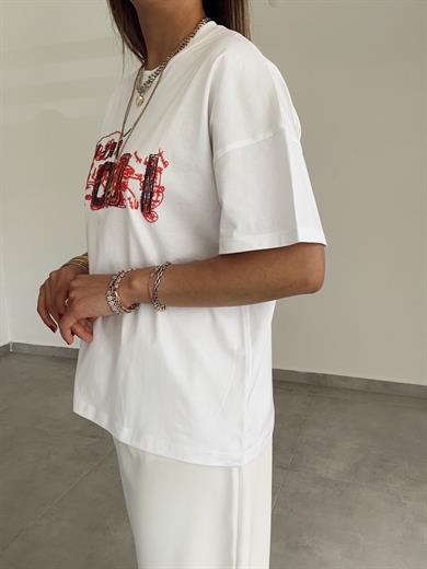 Beyaz İcon Baskılı Tişört