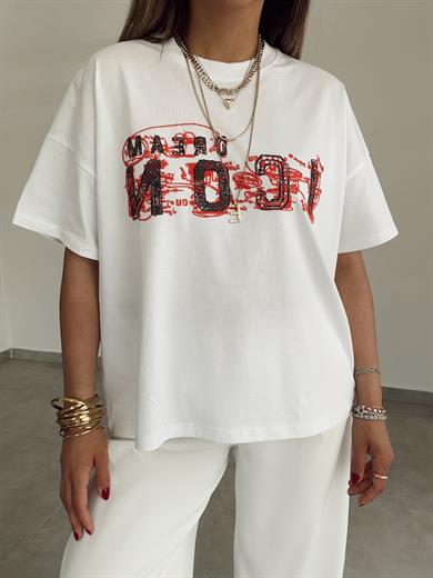Beyaz İcon Baskılı Tişört