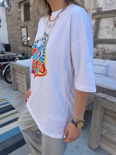 Beyaz Karakter Baskılı Tişört