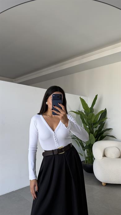 Beyaz Kaşkorse Ön Çıtçıtlı Uzun Kol Body