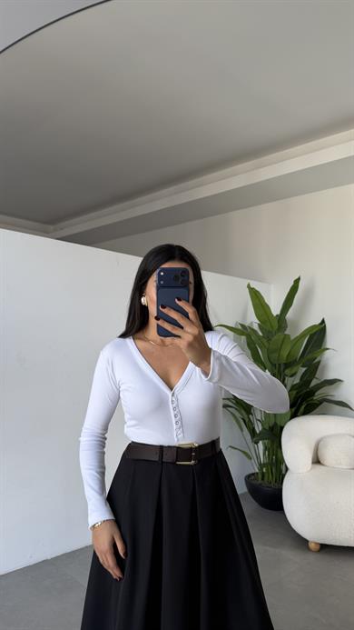 Beyaz Kaşkorse Ön Çıtçıtlı Uzun Kol Body