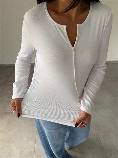 Beyaz Kaşkorse V Yaka Önü Düğmeli Body