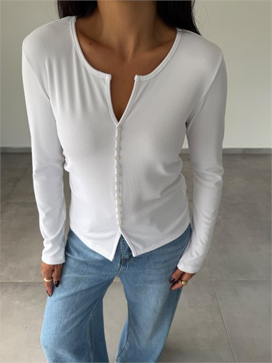 Beyaz Kaşkorse V Yaka Önü Düğmeli Body